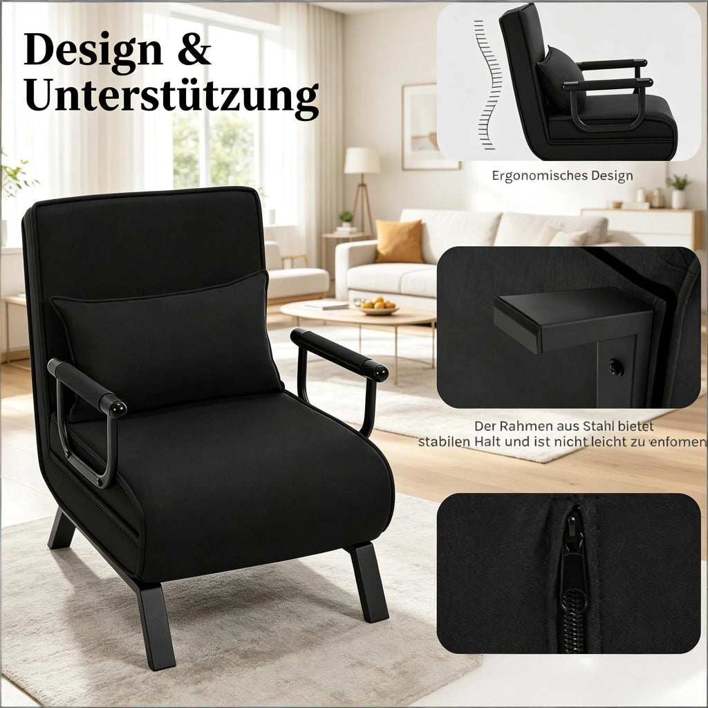 Letto singolo pieghevole 1 posto 184 × 65 cm con schienale reclinabile a 5 posizioni, senza materasso, nero