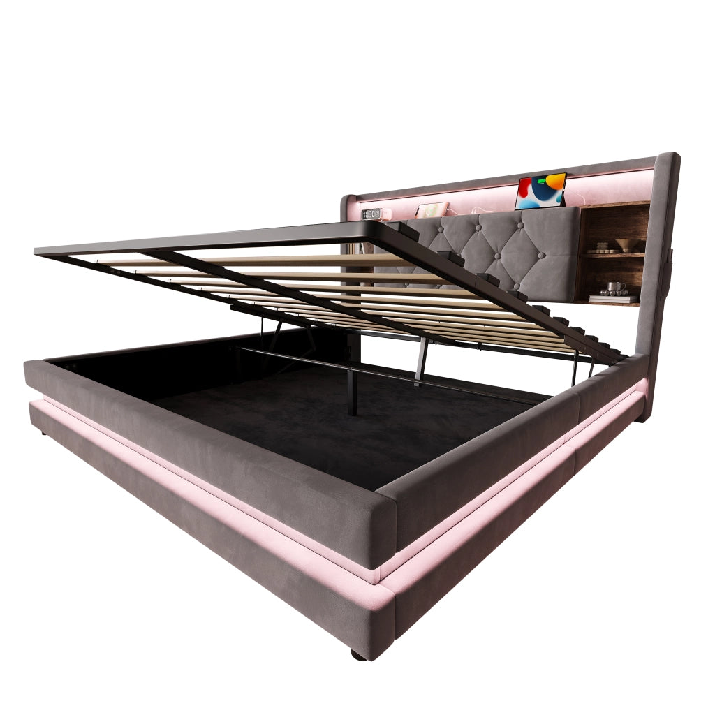 Letto imbottito con contenitore 140 x 200 cm in velluto, testiera multifunzione con ripiani aperti, LED, 2 USB e Type-C, grigio scuro