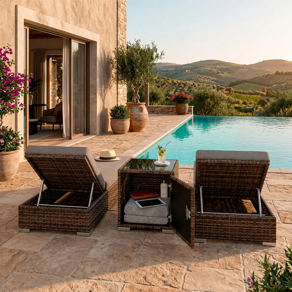 Set 2 Sdraio Prendisole in Polyrattan con Tavolino Contenitore e Cuscini Schienale Reclinabile 5 Posizioni Arredo Giardino Piscina 184x60x21 Cm Marrone Grigio