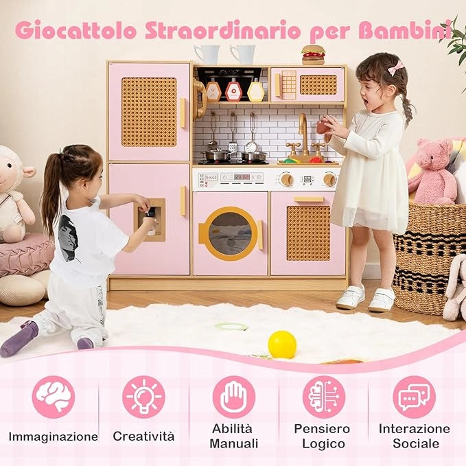 Cucina Giocattolo per Bambini, Cucina Legno per Bambini con Luci, Suoni, Frigorifero, Distributore d'Acqua, Lavatrice, Accessori Ricchi e Ante in Rattan, per 3 Anni+ (Rosa)