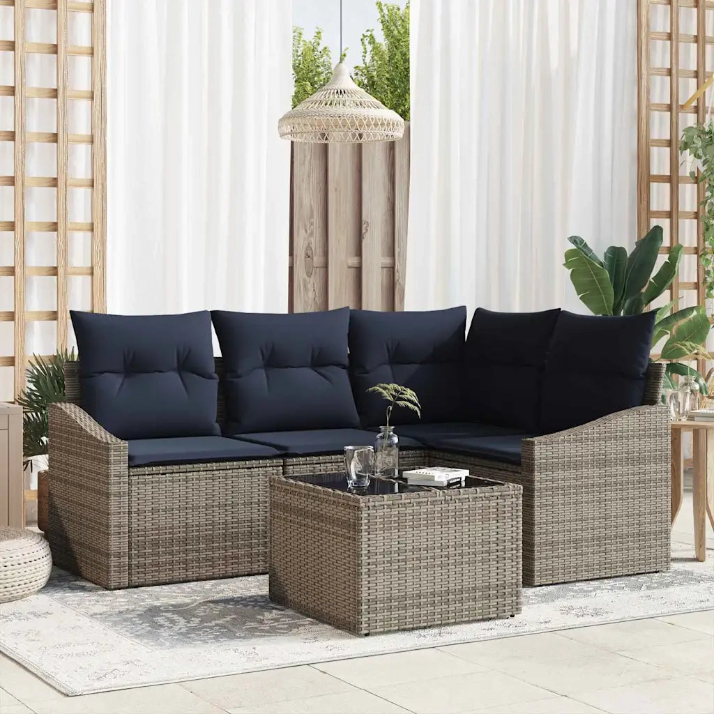 Set Divano da Giardino 5 pcs Grigio e Blu Navy polyrattan 3355384