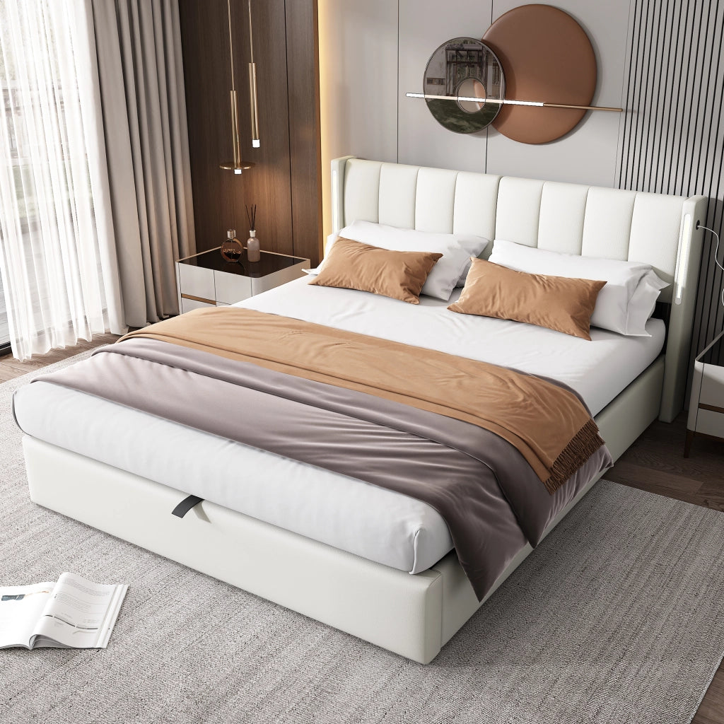 Letto imbottito idraulico con luci LED USB 180x200 cm colore PU bianco