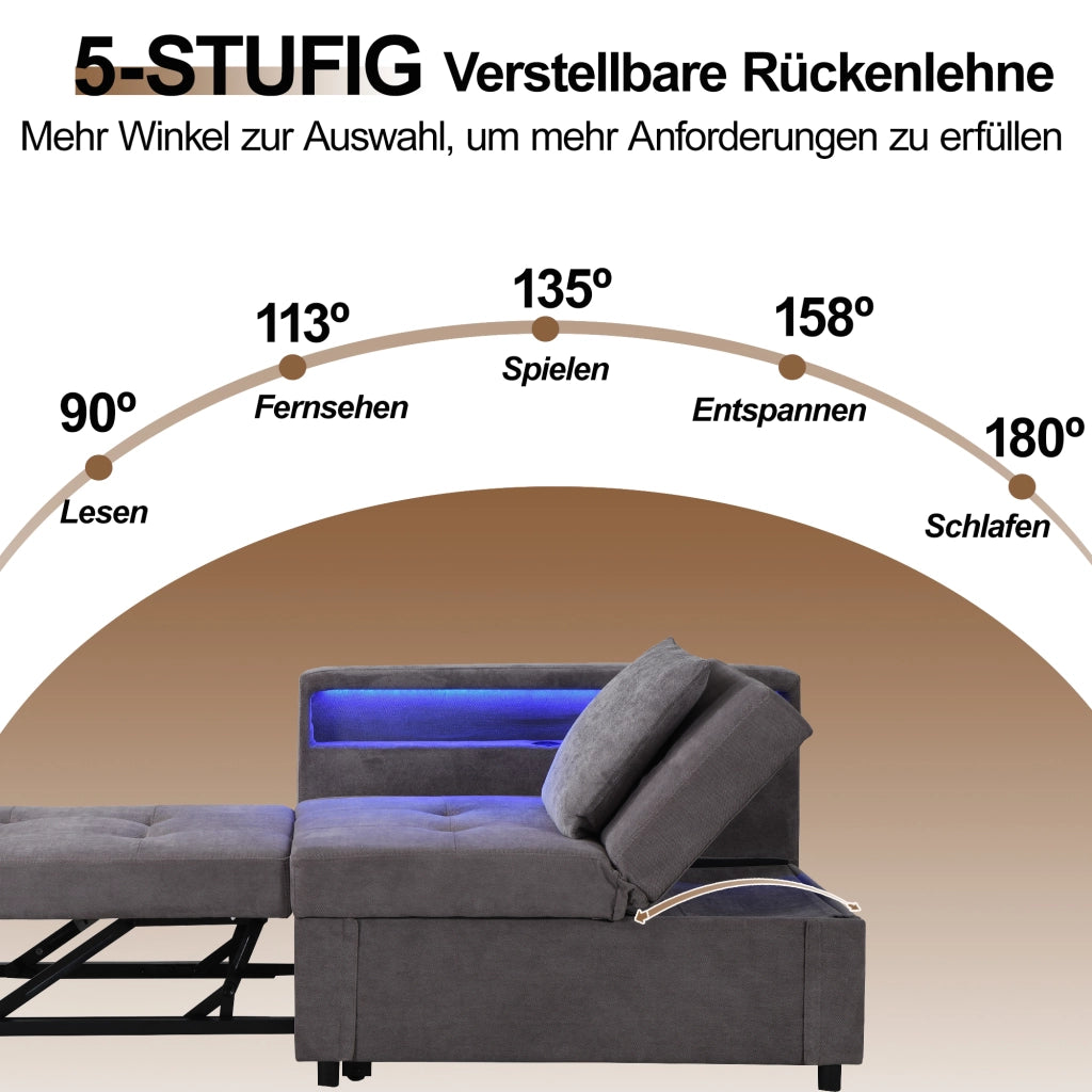 DIVANO LETTO 3 in 1 177x68x65 cm Tessuto di lino Grigio scuro USB/Type-C