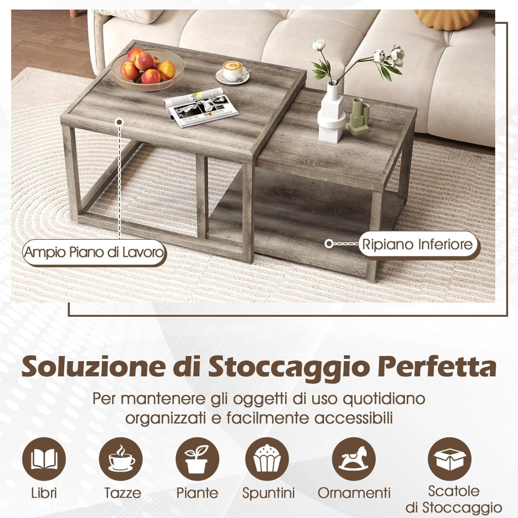 Set di 2 Tavolini Impilabili da Salotto con Ripiano e Struttura in Legno di Gomma, Tavolini Sovrapponibili con Stile Rustico per Soggiorno, Sala d'Attesa e Ufficio, Grigio