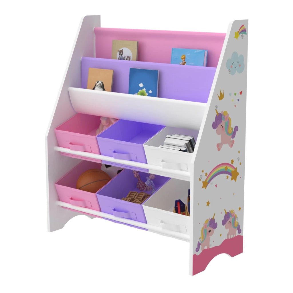 Scaffale portaoggetti per bambini con 6 contenitori aperti bianco/viola/rosa 03_0006992