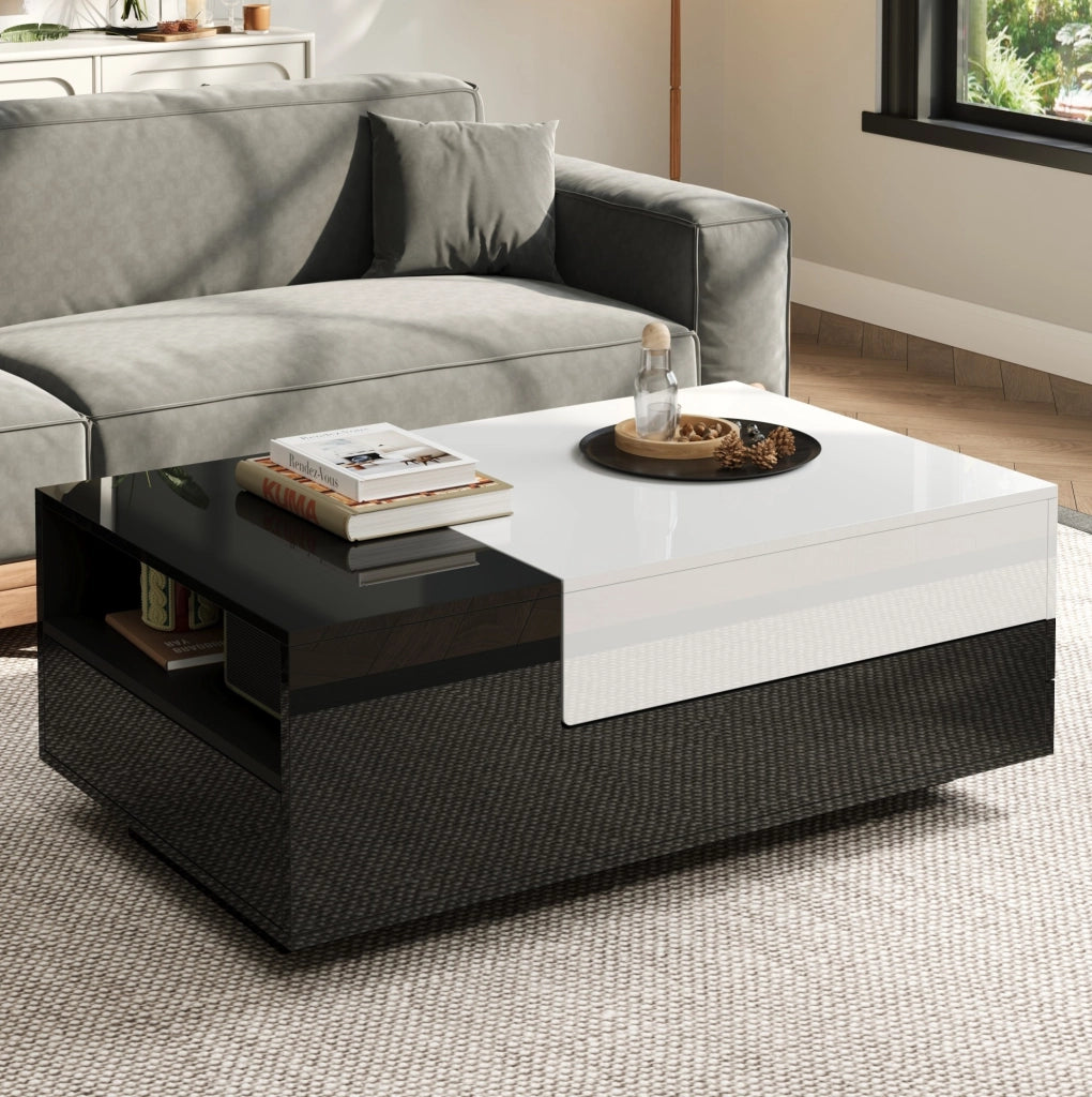 Tavolino da salotto rettangolare 100 x 50 x 38 cm in truciolare bianco e nero; con 2 cassetti