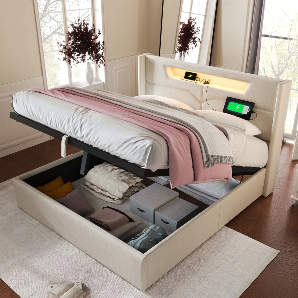 Letto 140x200 beige con LED, USB-C, contenitore e materasso