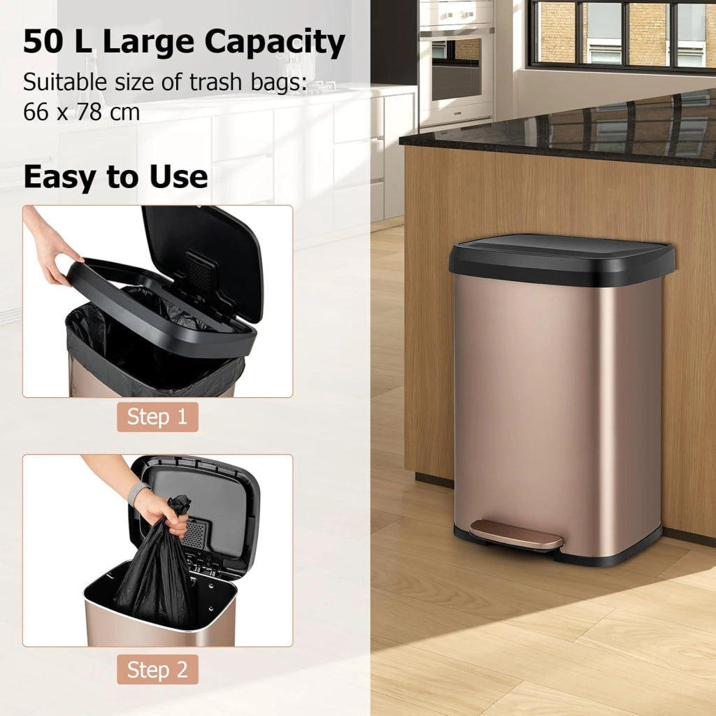 Pattumiera da Cucina da 50 L, con Coperchio e Pedale, in Acciaio Inox e Plastica, con Scomparto per Deodorazione, 41 x 39 x 61 cm (Rosa Dorato, 50L)
