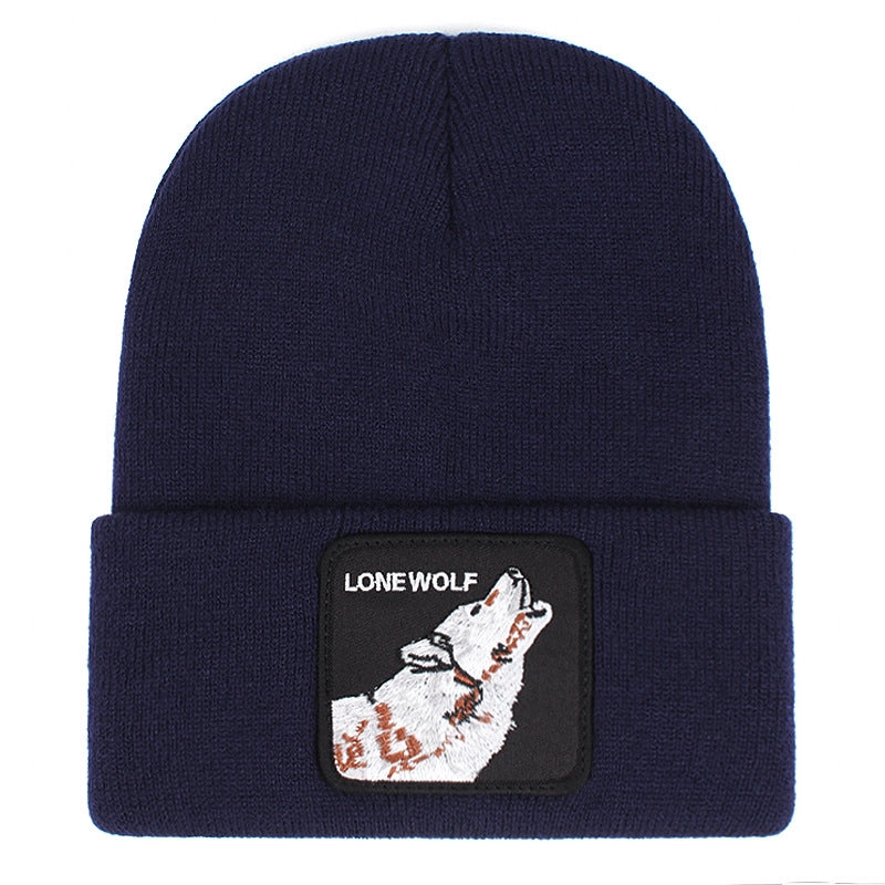 Berretto ricamato LONE WOLF, lavorato a maglia con risvolto, colore blu