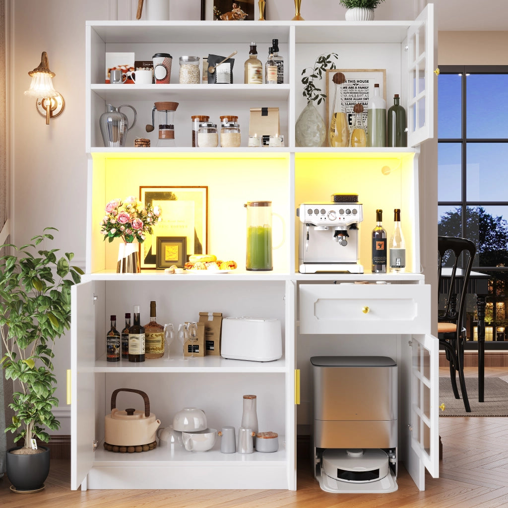 Credenza alta da cucina con LED, ante in vetro e spazio per robot aspirapolvere, bianca, 130 × 45 × 180 cm