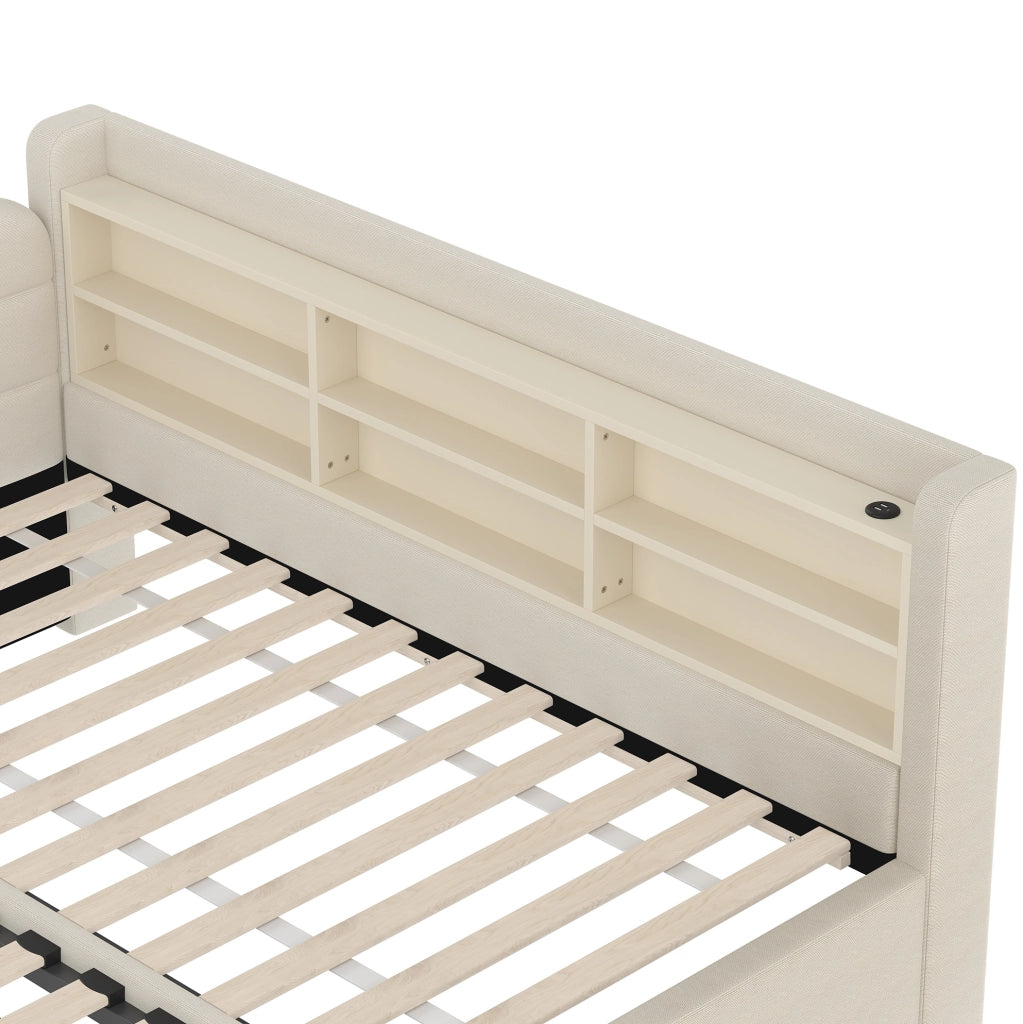 Letto da giorno estraibile 90x200 cm beige in lino con USB-C, vani e rete