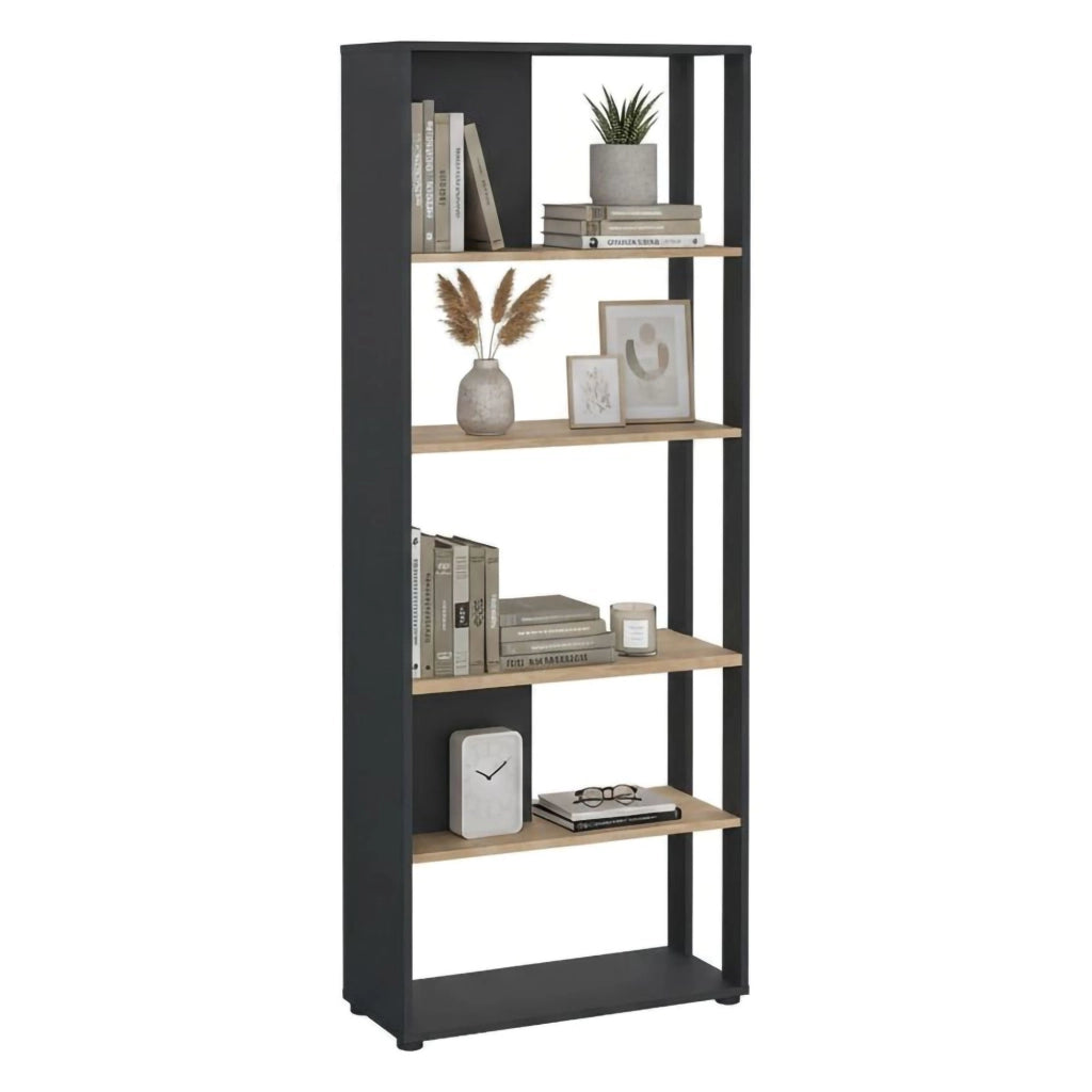 Libreria MuGuiying, Scaffale da ufficio, Mobile portalibri, Biblioteca, 80x34 h205 cm, Rovere e Grigio