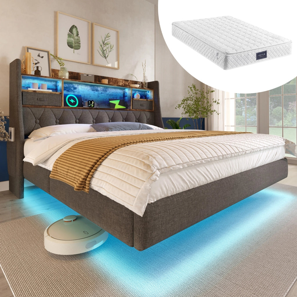 OKWISH Letto Contenitore 160×200 cm, Letto Matrimoniale con LED Regolabile, USB, Type C e Testiera con Vano Portaoggetti, Materasso Incluso, Lino, Grigio