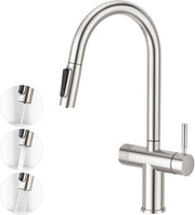 3 viei di cucina con rubinetto estensibile, rubinetto a doppia maniglia, rubinetto di scarico, rubinetto per acqua potabile per installazione osmose, osmose inversa e filtro acqua in acciaio inox lisciato a borchie