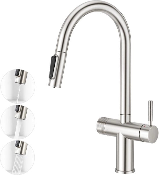 3 viei di cucina con rubinetto estensibile, rubinetto a doppia maniglia, rubinetto di scarico, rubinetto per acqua potabile per installazione osmose, osmose inversa e filtro acqua in acciaio inox lisciato a borchie