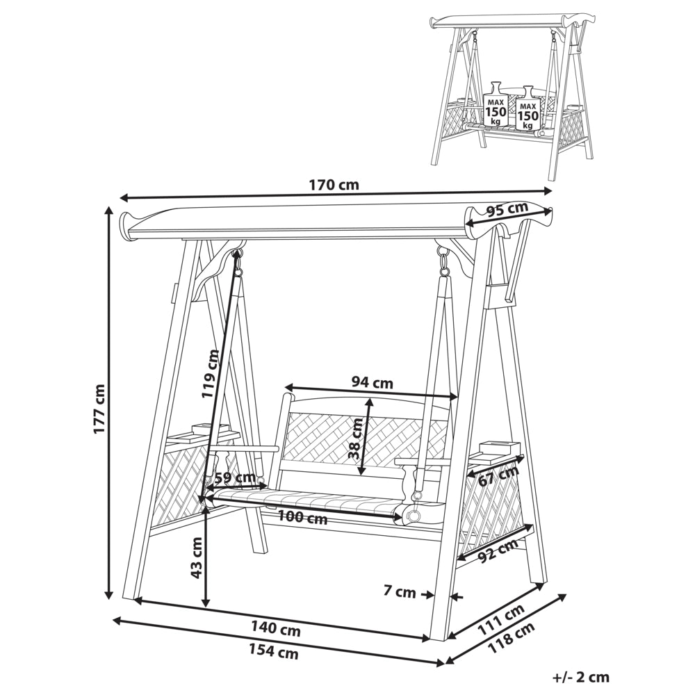 Dondolo da giardino in legno massiccio scuro con baldacchino stile tradizionale rustico