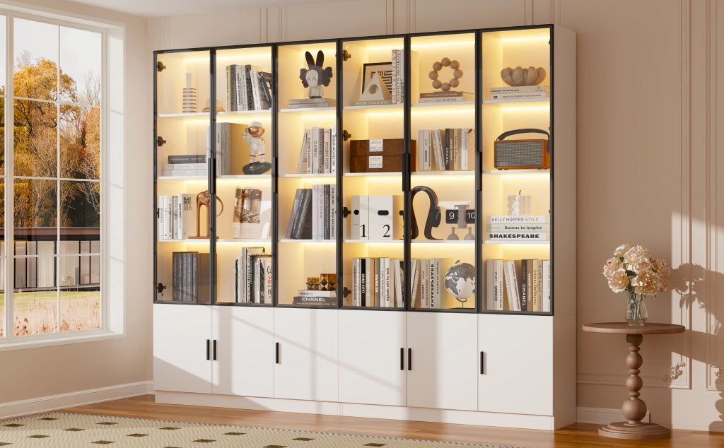 Vetrina alta con 12 ante in vetro e LED, 240x32x200 cm, armadio multifunzione in MDF bianco