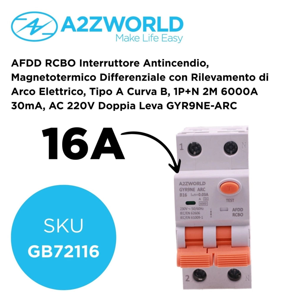 A2ZWORLD AFDD RCBO Interruttore Antincendio, Magnetotermico Differenziale con Rilevamento di Arco Elettrico, Tipo A Curva B, 1P+N 2M 6000A 30mA, AC 220V Doppia Leva GYR9NE-ARC (B16A)
