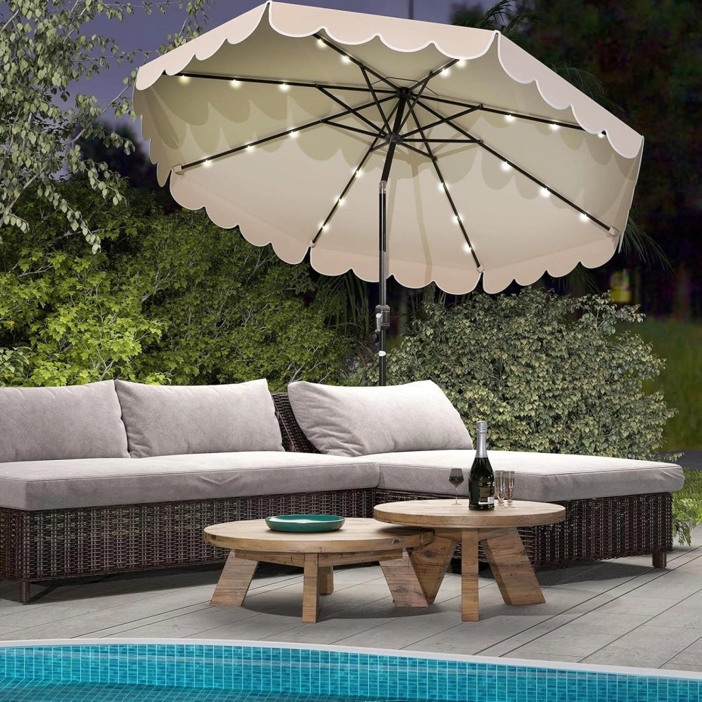 Ombrellone da Giardino 300 cm, con 24 Luci LED Solari, Inclinazione Regolabile, Manovella, 8 Stecche, Anti-UV, Top Ventilato, Idrorepellente, Giardino Piscina Patio (Beige)