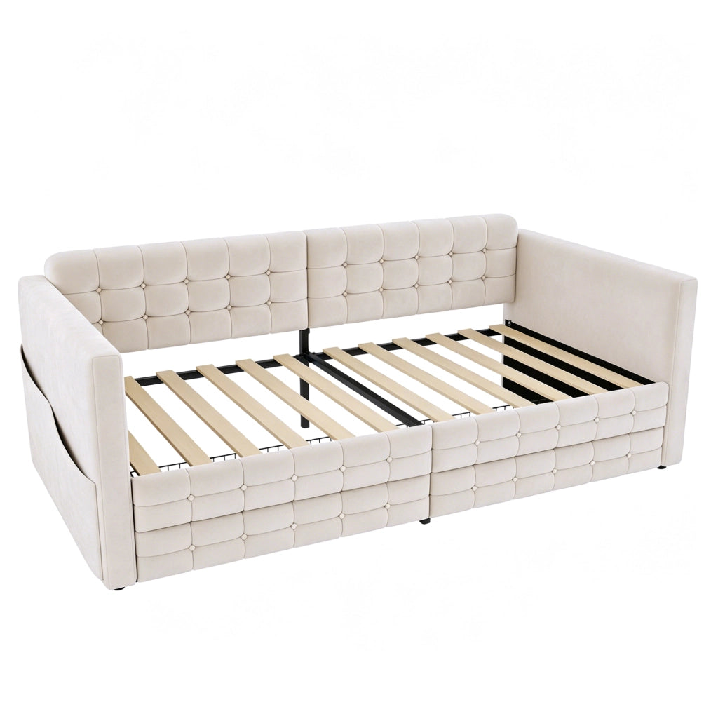 Letto imbottito 90x190 cm in velluto beige con tasche laterali e 2 cassetti