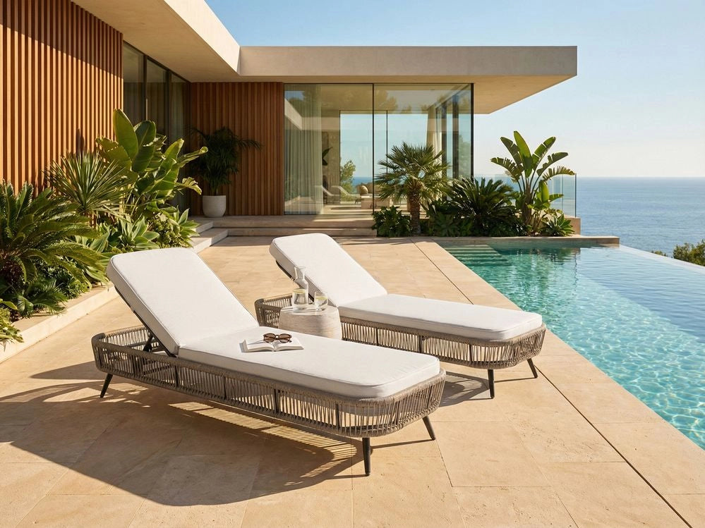 Sdraio da giardino beige in rattan PE alluminio e tessuto in poliestere schienale reclinabile regolabile