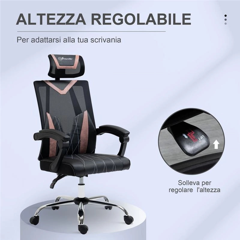 SEDIA DA UFFICIO CON SUPPORTO LOMBARE 58 X 62.5 X 112-120 CM NERO E ROSA