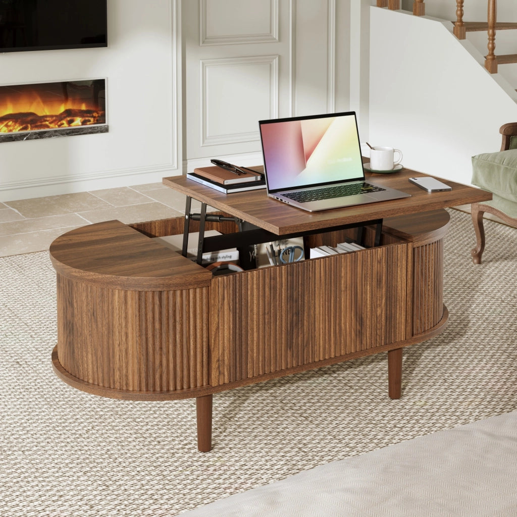 Tavolino da caffè ovale regolabile 100x48x53;5 cm con contenitore in MDF; noce