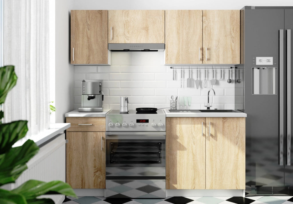 AKORD Set di Mobili da Cucina LIMA 180 cm Bianco 180 cm 7 ante 1 cassetto inserto frontale Sonoma Quercia 180x44,5x203 cm