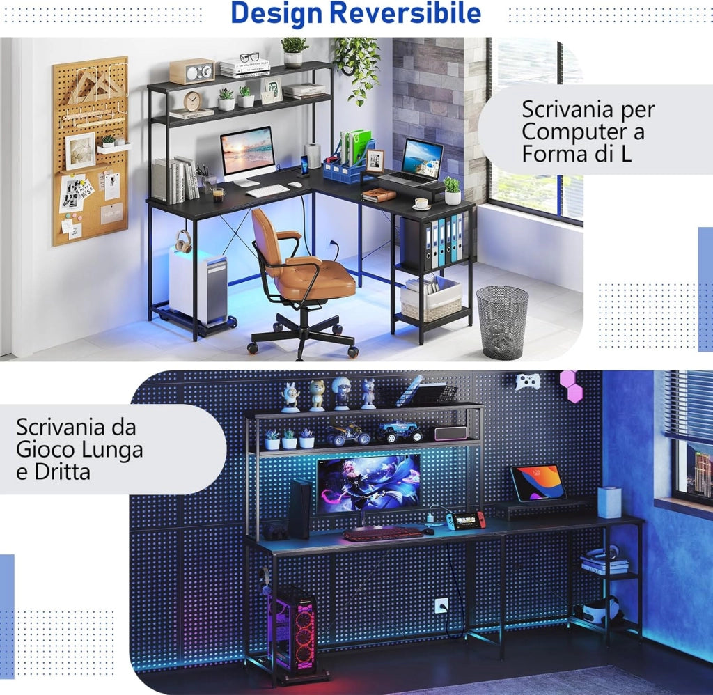 Scrivania per Computer a Forma di L, Tavolo da Gioco con Scaffale Regolabile, Gancio, Supporto per CPU, Striscia LED, Telecomando e Prese di Corrente, Desk per Studiare e Lavorare (Nero)