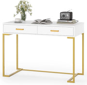 Bureau Werkstation con 2 cassetti, Facile e Moderno Home Office - Rettilineo - Bianco e Oro