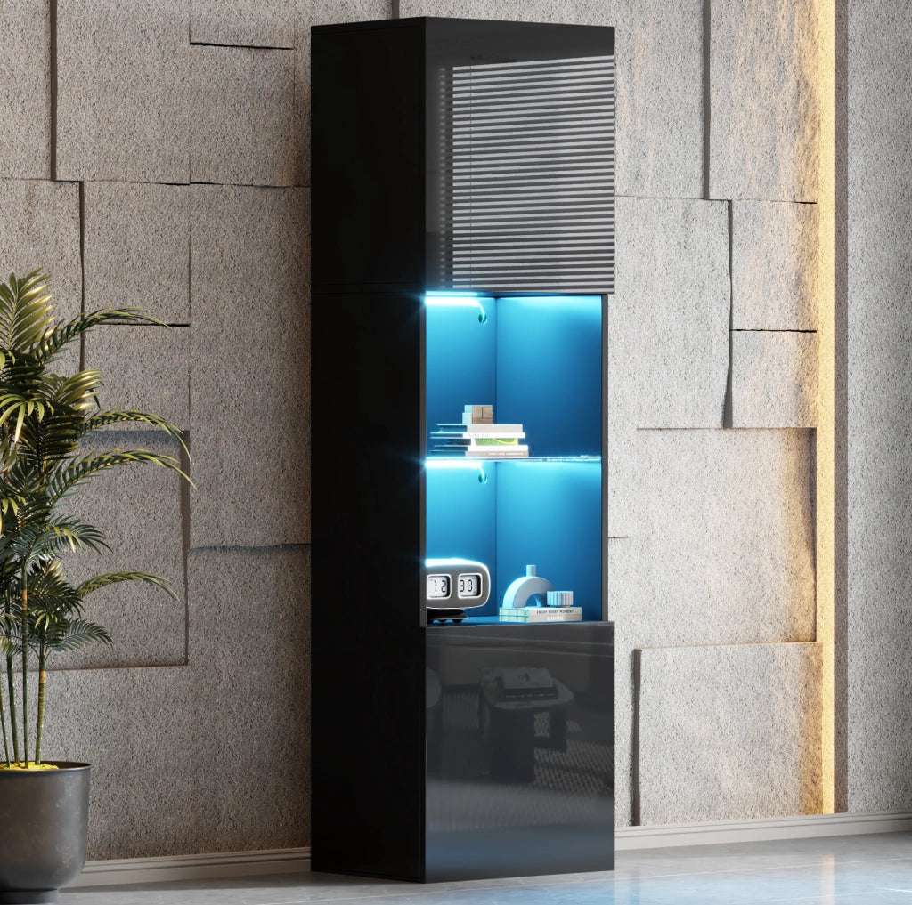 Vetrina nera lucida con LED e ripiano in vetro