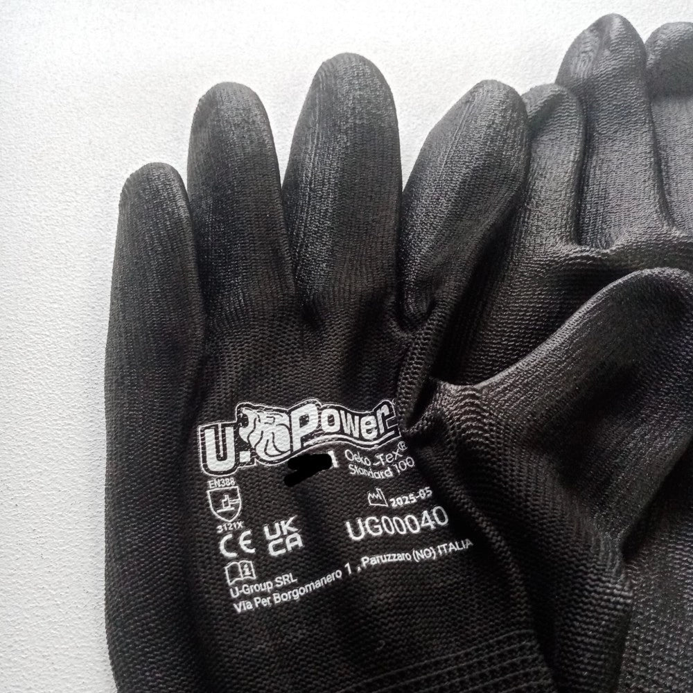 U-power onix, 12 paia di guanti da lavoro, supporto poliestere nero e poliuretano, taglie disponibili  7