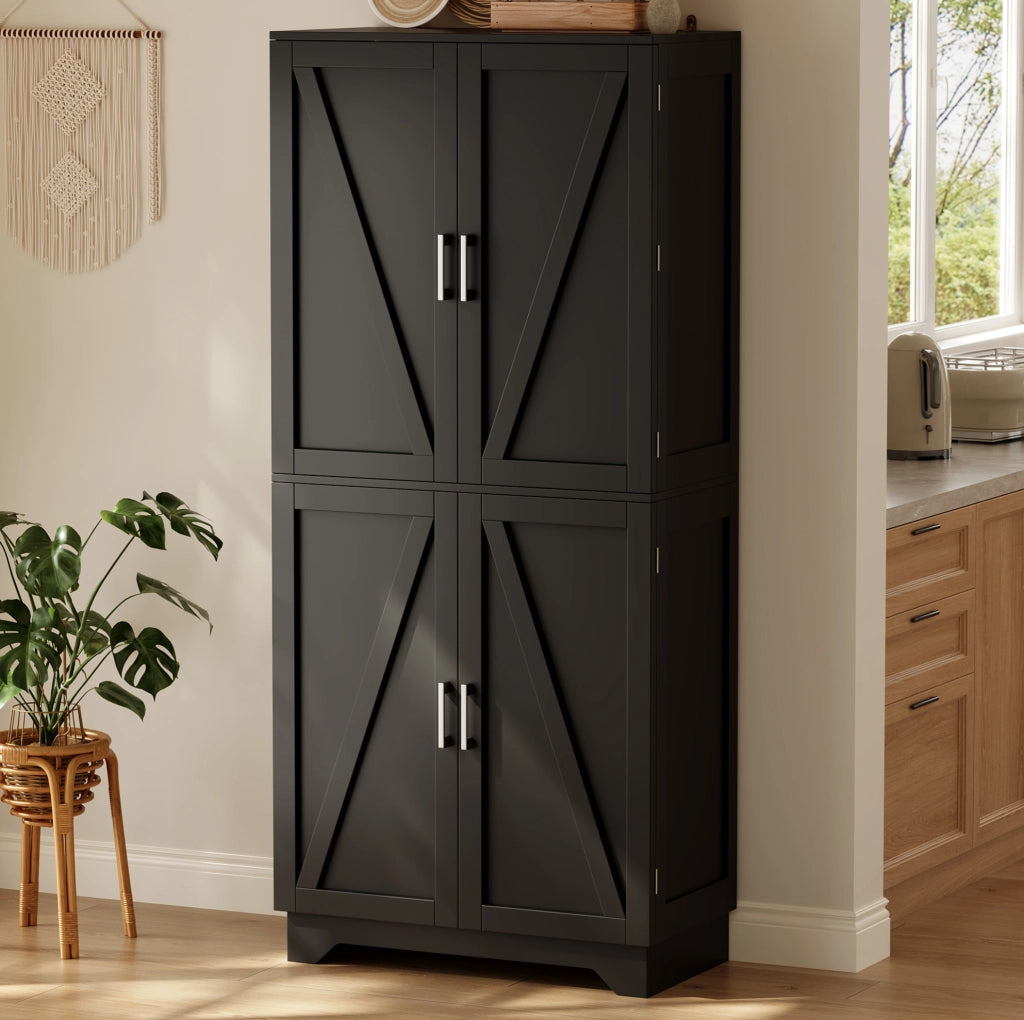 Credenza alta con 4 ante a battente; vani aperti e portabottiglie 80x40x180 cm; MDF nero/naturale