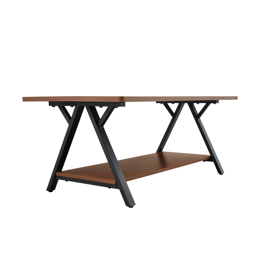 Tavolino da caffè 110x57x44.5 cm con doppio ripiano; MDF e metallo; noce