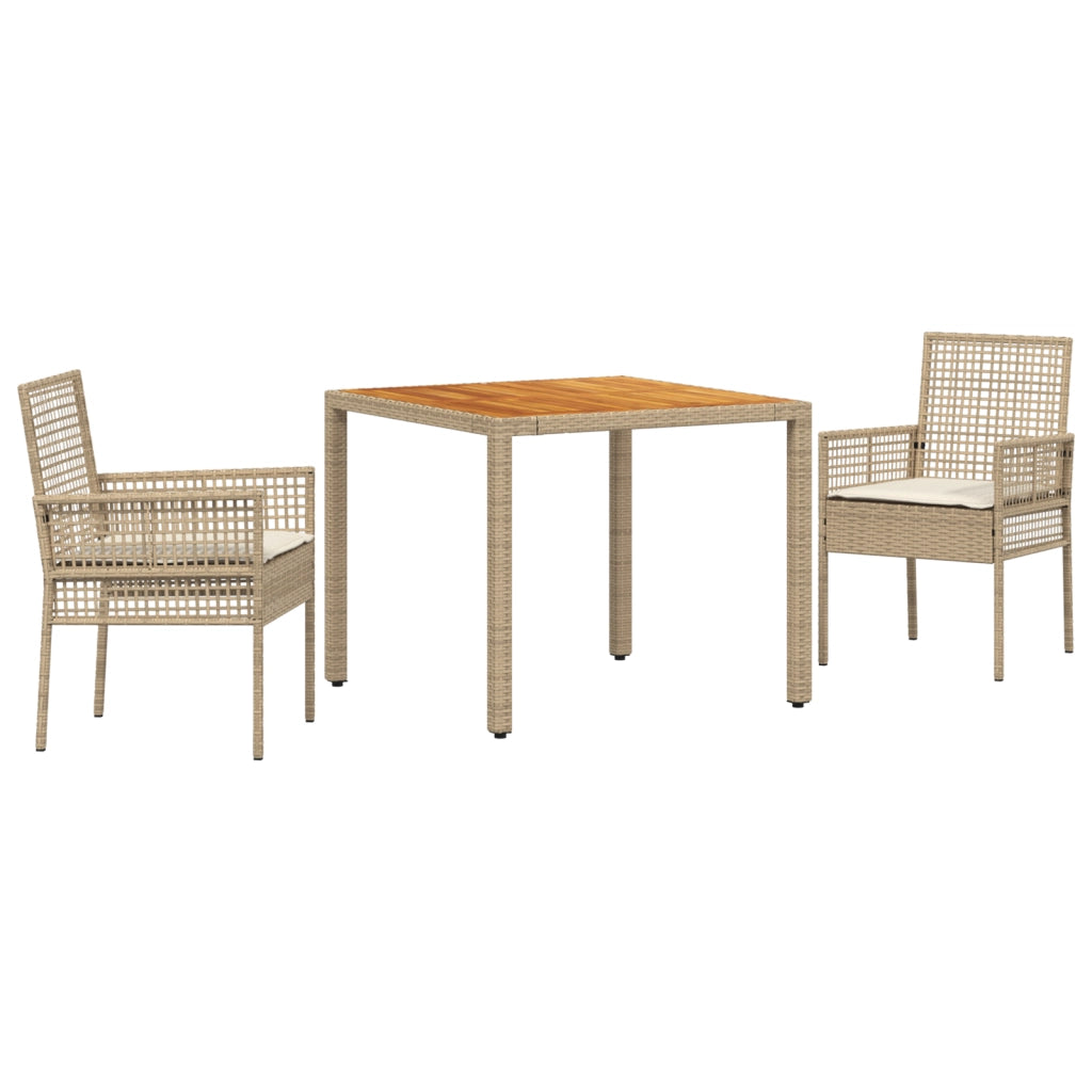 Set da pranzo da giardino 3 pezzi con cuscini beige polyrattan