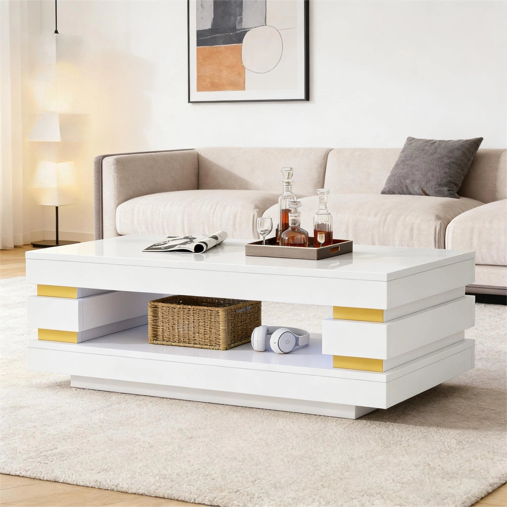 Tavolino lucido, 100 x 50 x 35 cm, design traforato, luci a LED, pannello truciolare, bianco