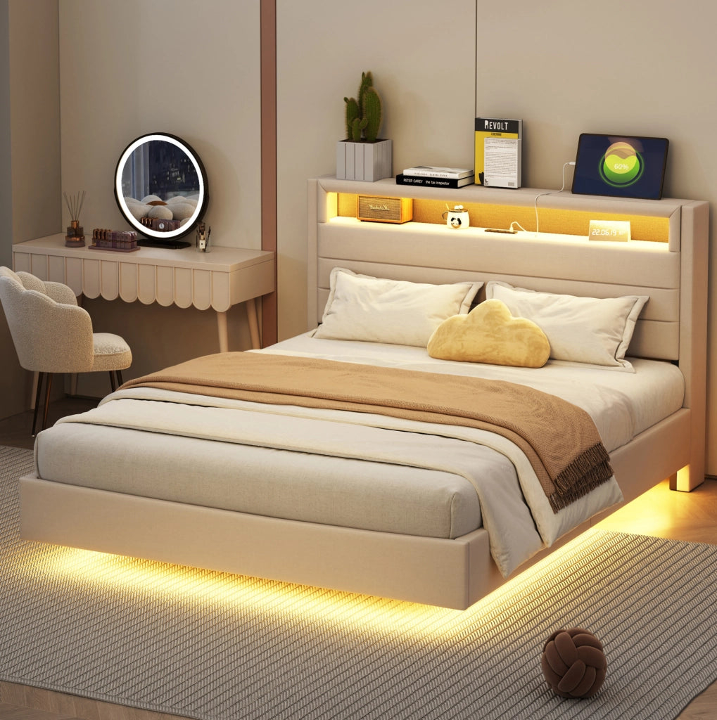 Letto imbottito 140x200 beige con LED, USB e testiera girevole