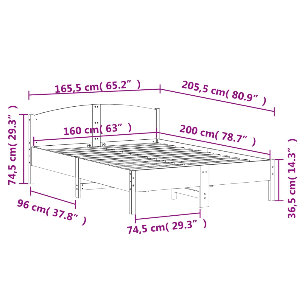 Letto matrimoniale | Letto per adulti | Giroletto senza Materasso Bianco 160x200 cm Legno Massello Pino