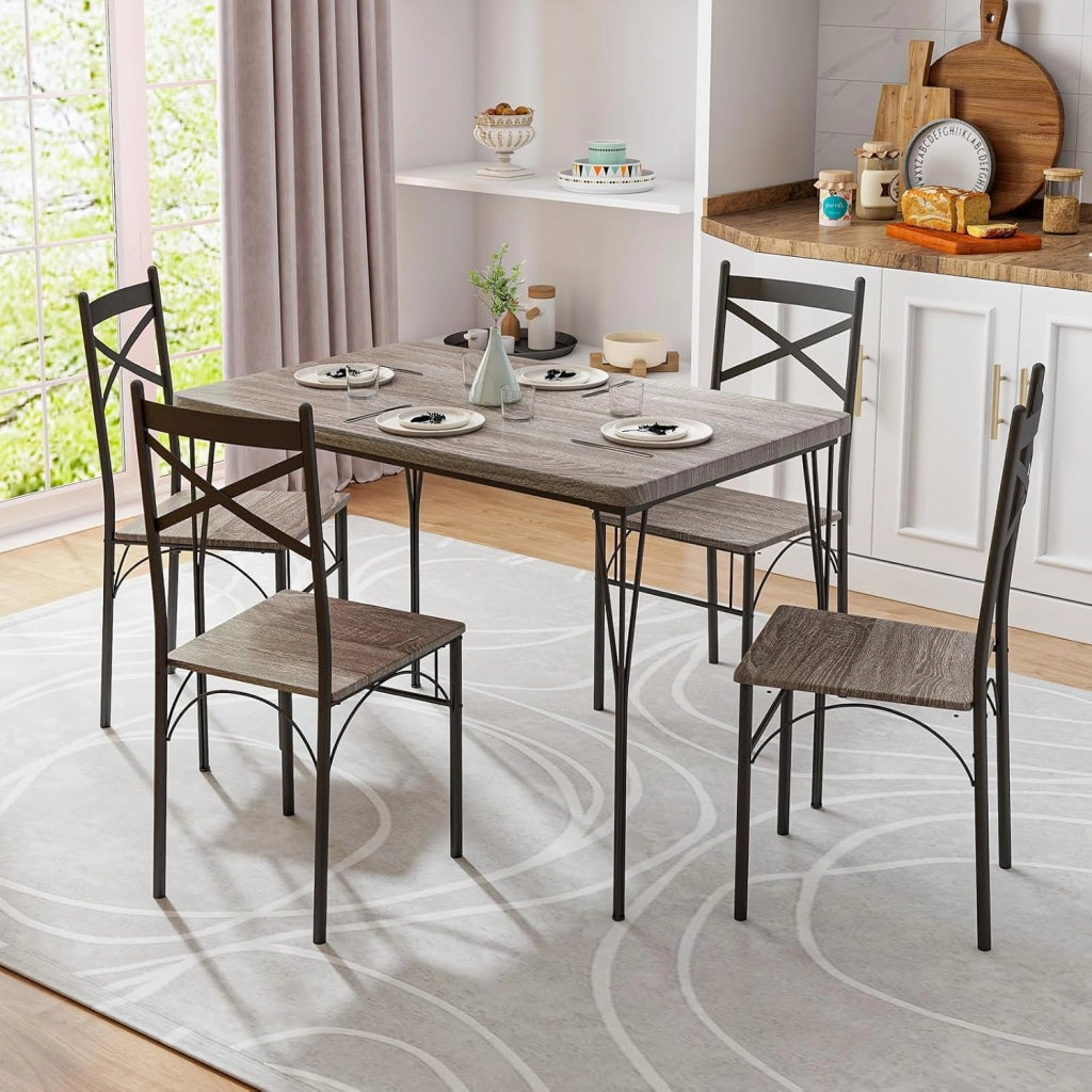 Tavolo da pranzo con 4 sedie, 5 cucchiai. Set da pranzo per 4 persone, set da tavolo in metallo e legno, tavolo da cucina, tavolo da pranzo con 4 sedie