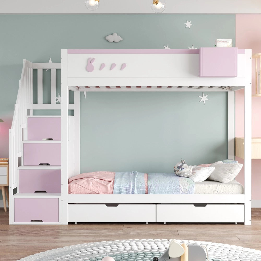 Letto a Castello Singolo con Cassetti e Doghe ¨C MINIMAL ¨C Bianco e Rosa, 90x200