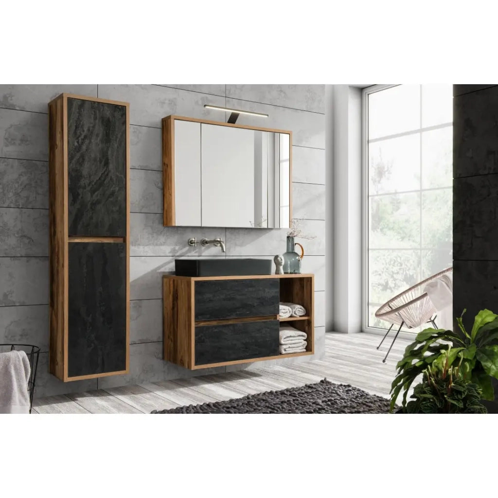 Mobile da bagno GABI 100 cm – 3 porte specchio – Finitura ardesia e legno – Da appendere