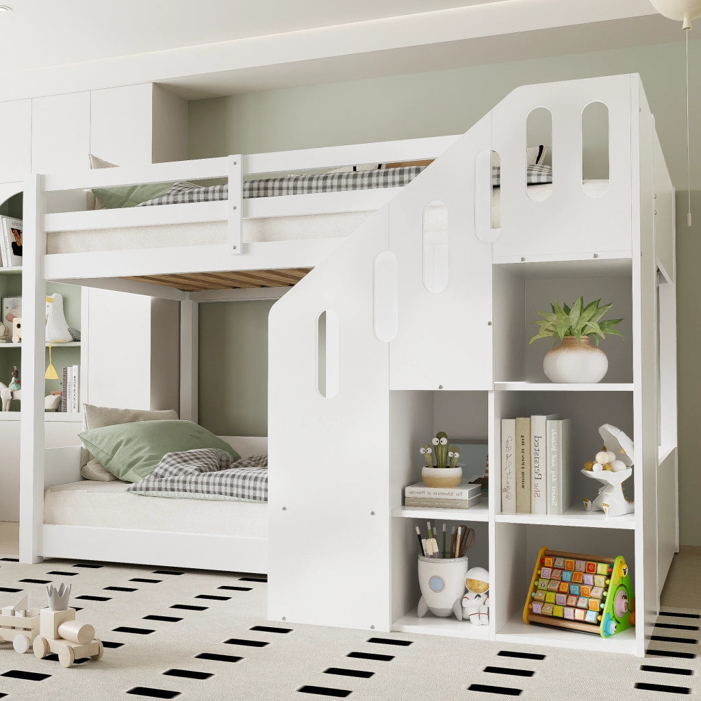 Letto a castello multifunzionale con scala contenitore e sponde, 90x200 cm, bianco, senza materasso