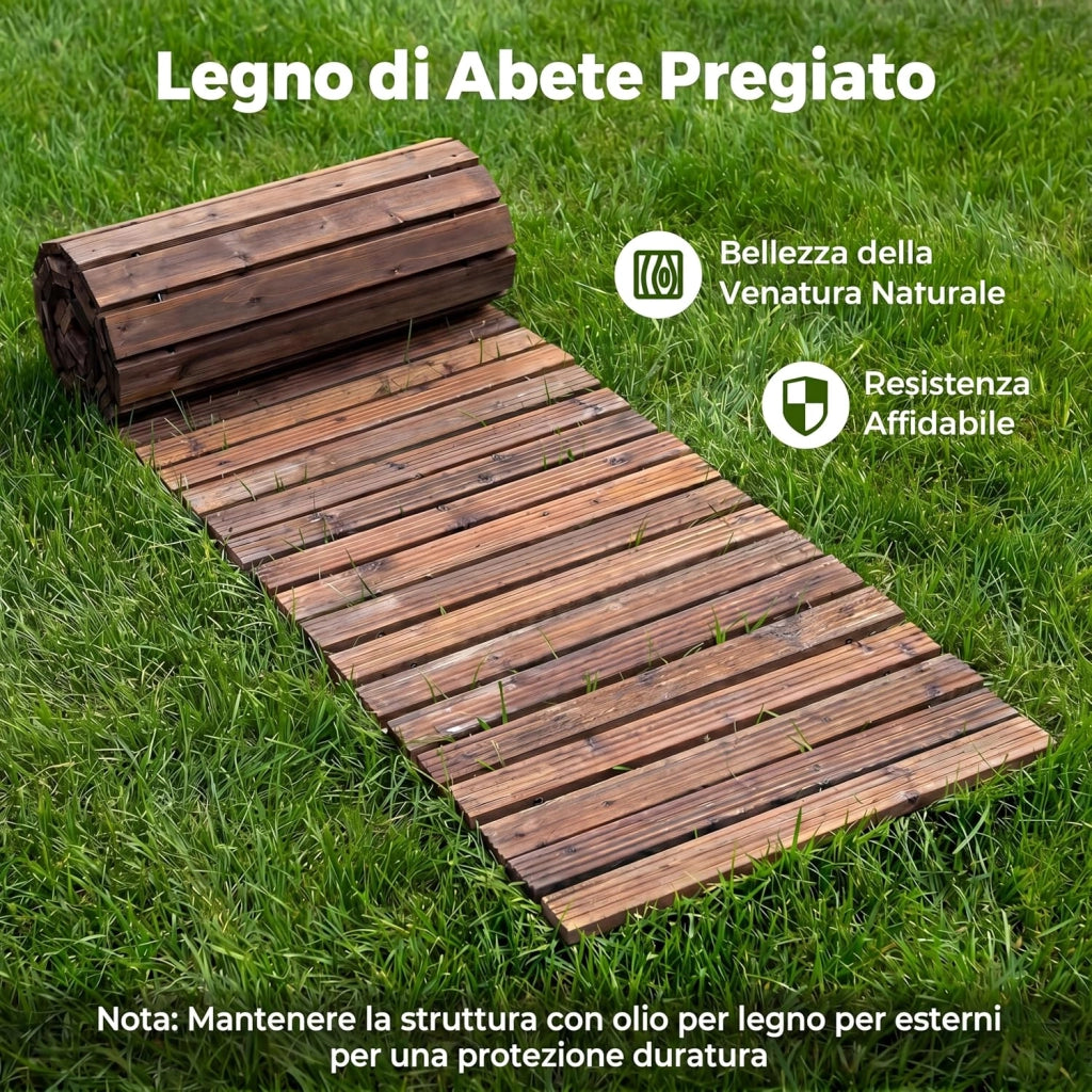 Sentiero da Giardino in Legno, Passerella Decorativa da Esterno, Superficie Antiscivolo, Collegamento con Fili Metallici, Sentiero Arrotolabile per Cortile e Spiaggia, 367 x 55 cm (Marrone)