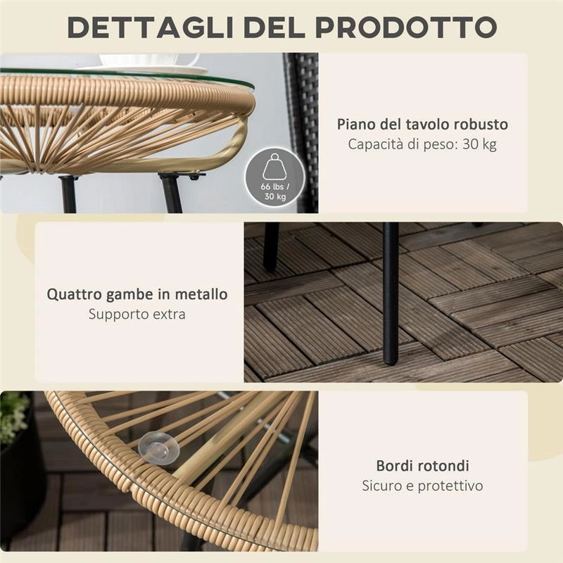 TAVOLINO DA GIARDINO ROTONDO IN RATTAN PE E VETRO Ø50X50CM COLORE BEIGE