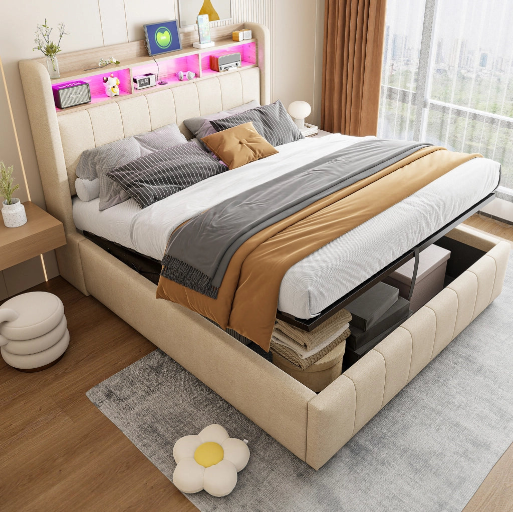 Letto imbottito 140x200 cm con LED, USB e contenitore idraulico