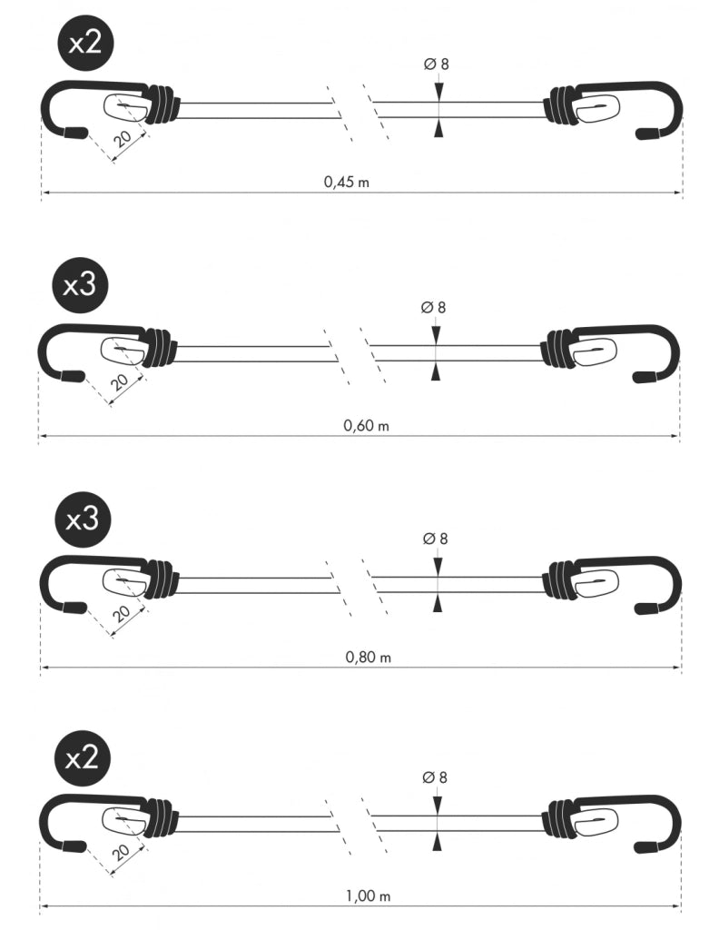 Tubo con 12 tenditori elastici con gancio Ø 8 mm, lunghezze assortite – THIRARD