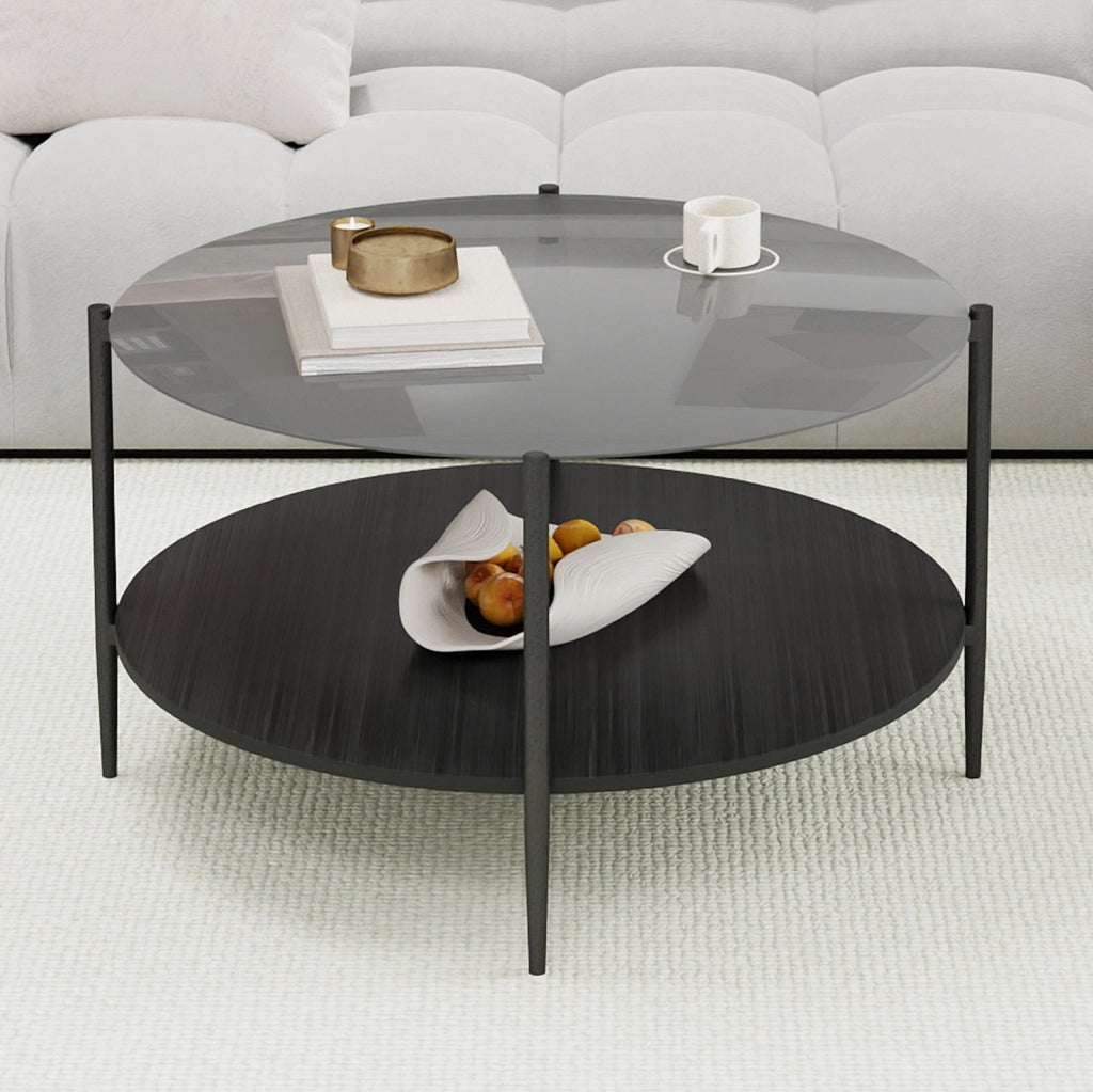 Tavolino da caffè rotondo a 2 ripiani in vetro fumé nero; legno e ferro; ? 82 x 45 cm