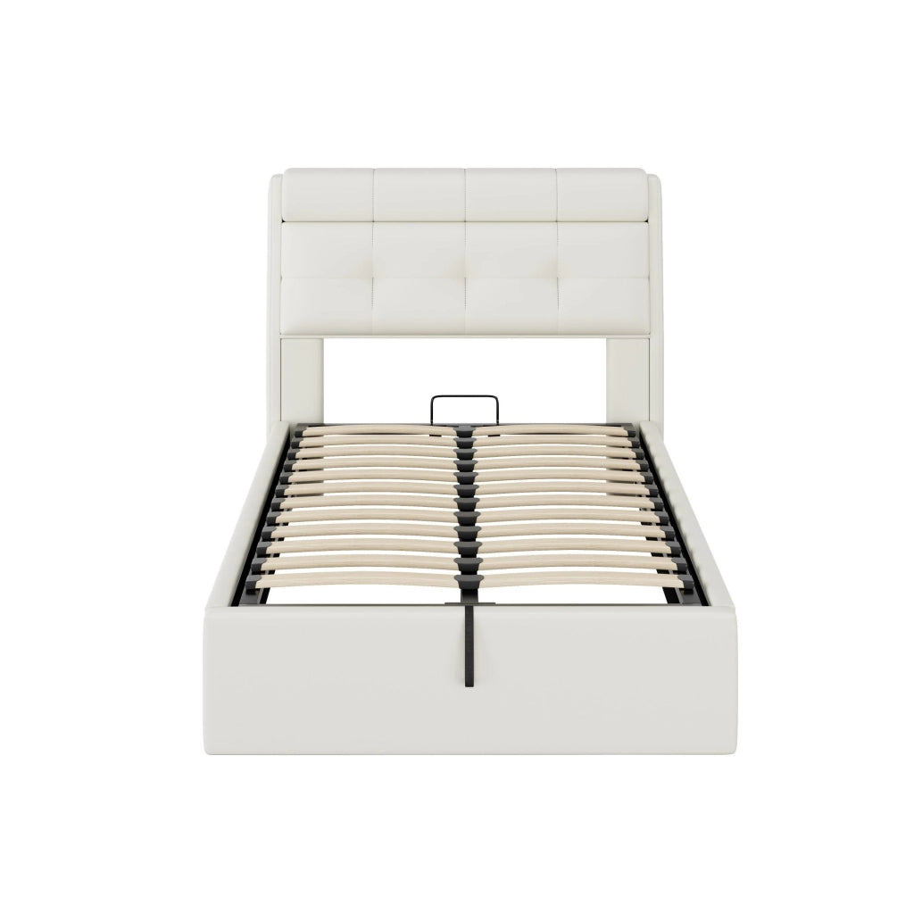 Letto singolo 90x200 cm con contenitore e sollevamento idraulico; similpelle bianco