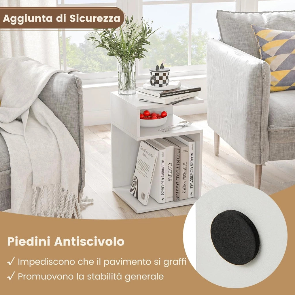 COSTWAY Tavolino Laterale da Salotto a Forma di S per Piccoli Spazi, Tavolino per Divano con 2 Scomparti Aperti, Comodino Moderno per Soggiorno, Camera da Letto e Studio, Bianco