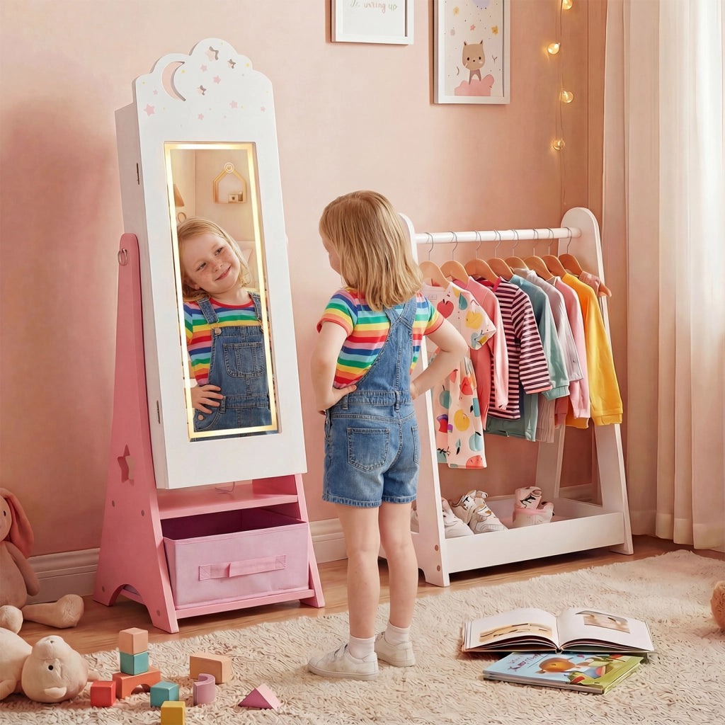 Mobiletto gioielli bambini luci specchio figura intera 4 sensore-Mobiletto portagioielli principessa terra camera sala giochi Bianco